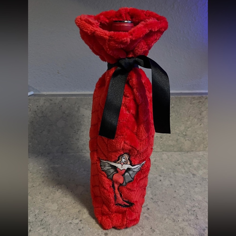 Vampira wine gift bag Red Plush Bottle Cover with sexy Pinup appliqué handmade!